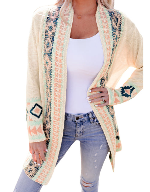 Load image into Gallery viewer, Beige Printing Cardigan Sweater Women&#39;s Loose Long Sleeve
