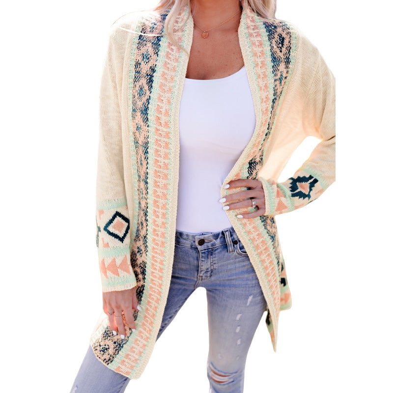 Beige Printing Cardigan Sweater Women's Loose Long Sleeve