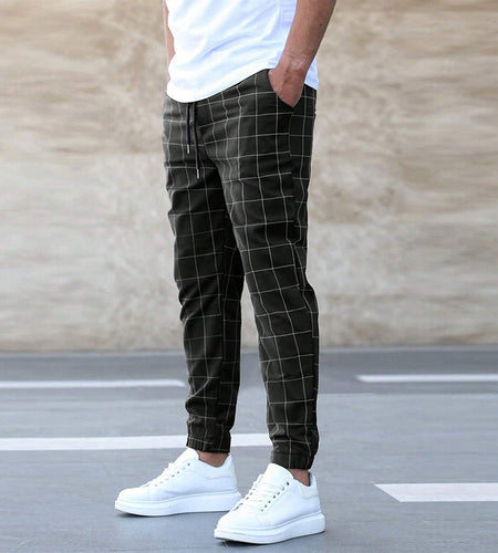 Fashion Plaid Print Pants Men's Casual Drawstring Trousers