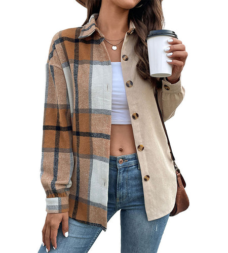 Long-sleeved Plaid Top Retro Lapels Cardigan Coat