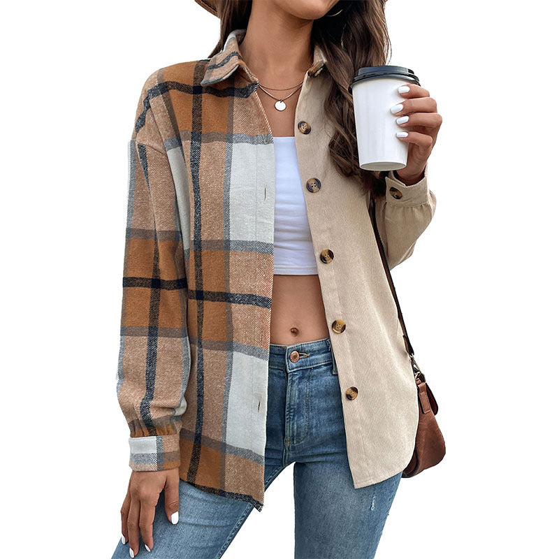 Long-sleeved Plaid Top Retro Lapels Cardigan Coat