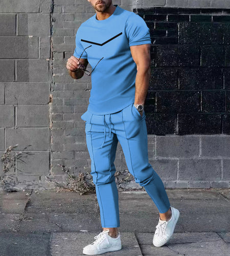 Men's Casual Round Neck Printed Two-piece Suit