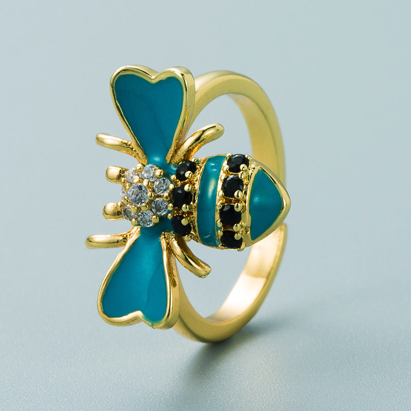 Copper Plated Real Gold Inlaid Zircon Bee Ring