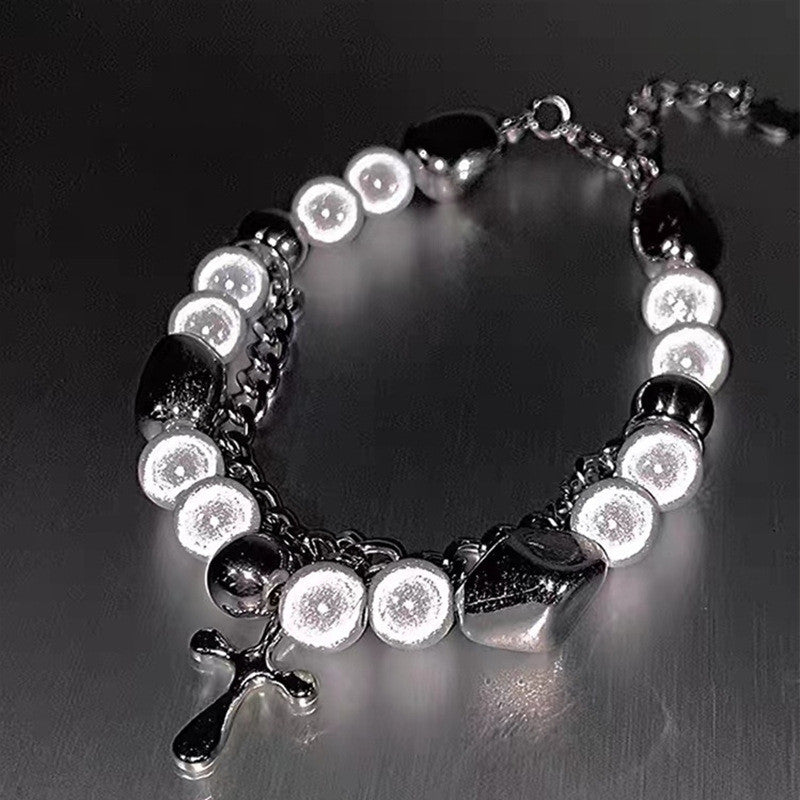 Fashion Jewelry Double-layer Reflective Pearl Cross Bracelet