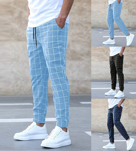 Fashion Plaid Print Pants Men's Casual Drawstring Trousers