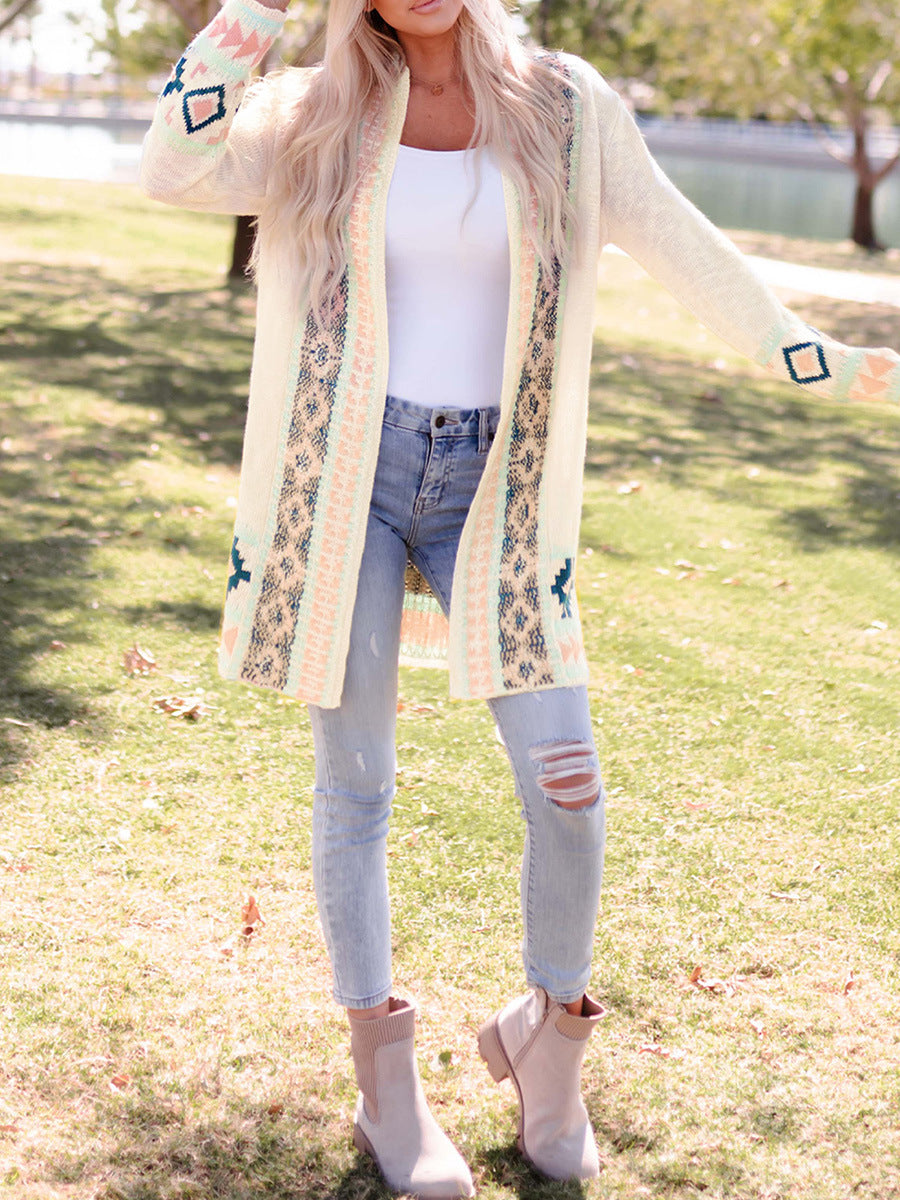 Beige Printing Cardigan Sweater Women's Loose Long Sleeve