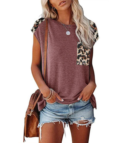 Women's Round Neck Stitching Leopard Print Pocket Raglan Sleeve Casual T-shirt