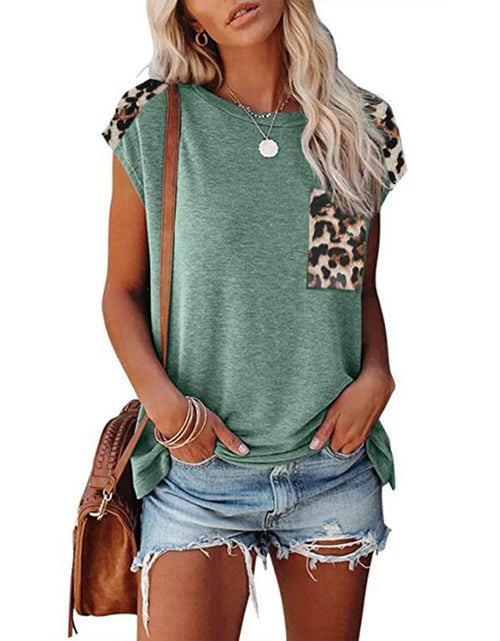 Load image into Gallery viewer, Women&#39;s Round Neck Stitching Leopard Print Pocket Raglan Sleeve Casual T-shirt
