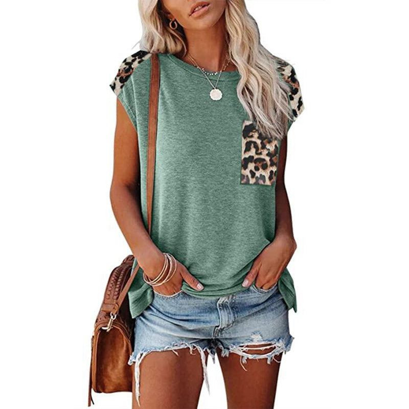 Women's Round Neck Stitching Leopard Print Pocket Raglan Sleeve Casual T-shirt