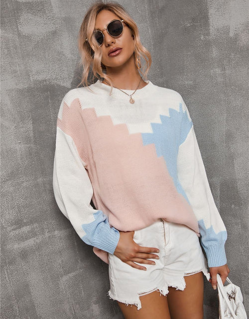 Load image into Gallery viewer, Patchwork Round Neck Plus Size Loose Sweater Long Sleeve Sweater
