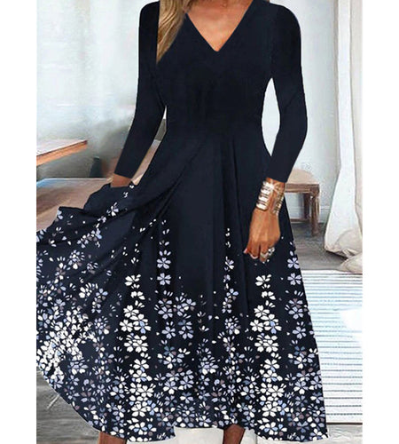 Printed Knitted V-neck Long Sleeve Big Hem Dress