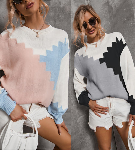 Patchwork Round Neck Plus Size Loose Sweater Long Sleeve Sweater