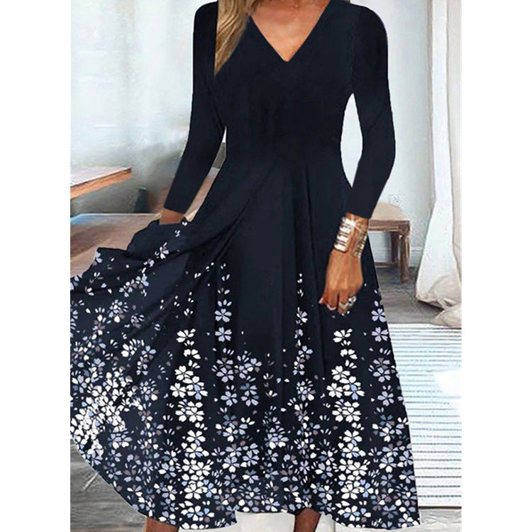 Printed Knitted V-neck Long Sleeve Big Hem Dress