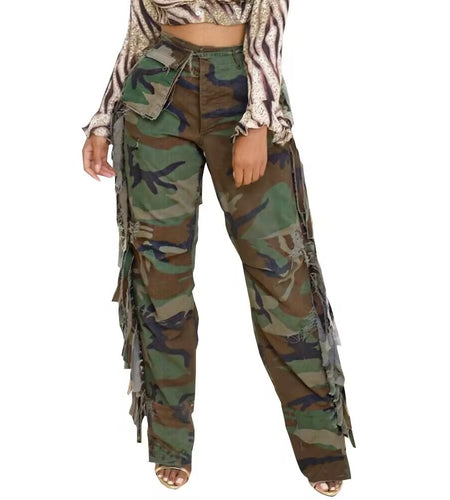 Women's Fashion Camouflage On Side Tassel Large Pocket Button Trousers
