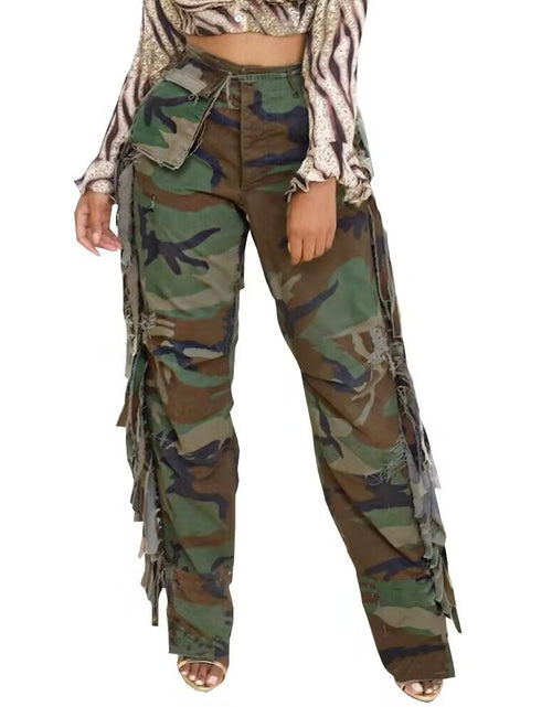 Load image into Gallery viewer, Women&#39;s Fashion Camouflage On Side Tassel Large Pocket Button Trousers
