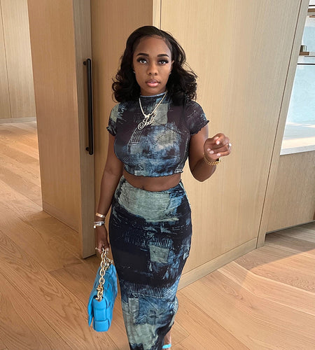 Women's Fashion Round Neck Midriff-baring T-shirt High Waist Hip Skirt Bottoming Casual Suit