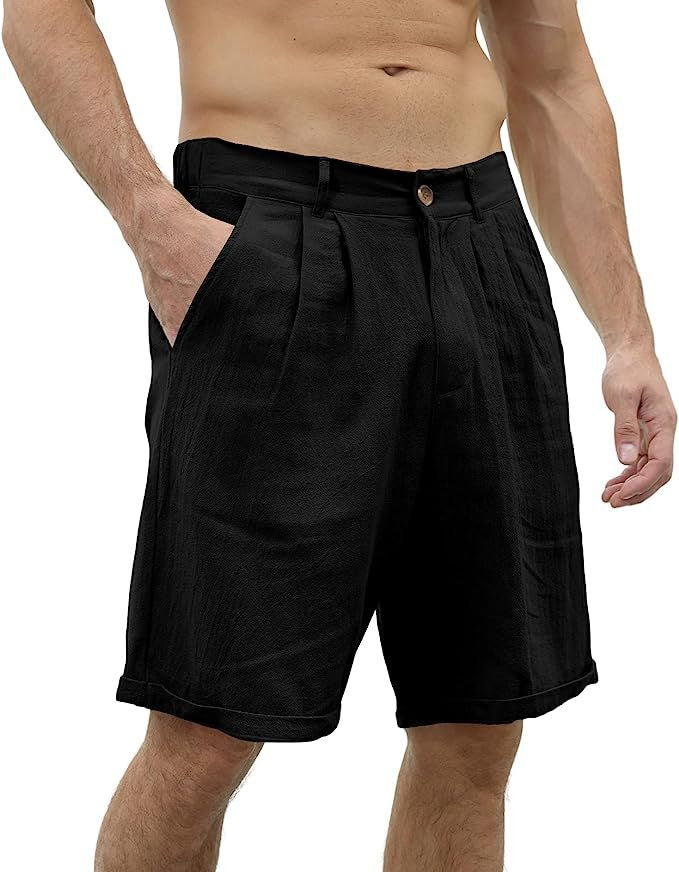 Men's Cotton And Linen Casual Beach Button Stretch Shorts