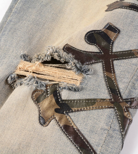 Men's Fashion Holes Bone Pattern Leather Stretch Skinny Jeans