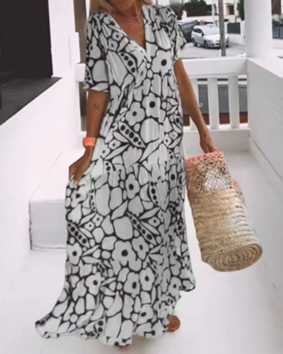 Women's Printed Short-sleeved Deep V-neck Long Dress