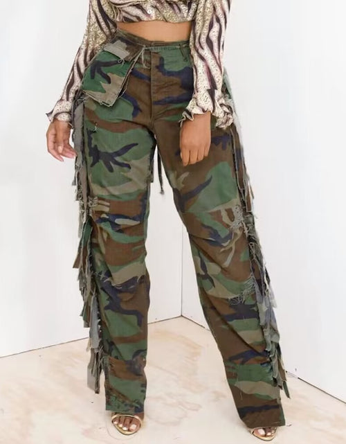 Load image into Gallery viewer, Women&#39;s Fashion Camouflage On Side Tassel Large Pocket Button Trousers
