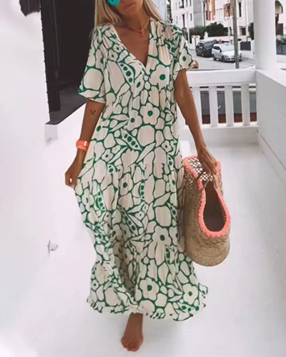 Women's Printed Short-sleeved Deep V-neck Long Dress