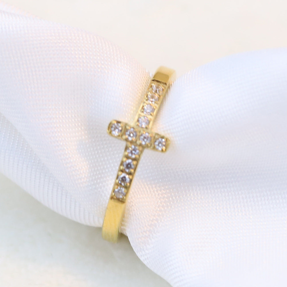 Simple Style Diamond 304 Titanium Steel Cross Ring Female Temperament Wild Vintage