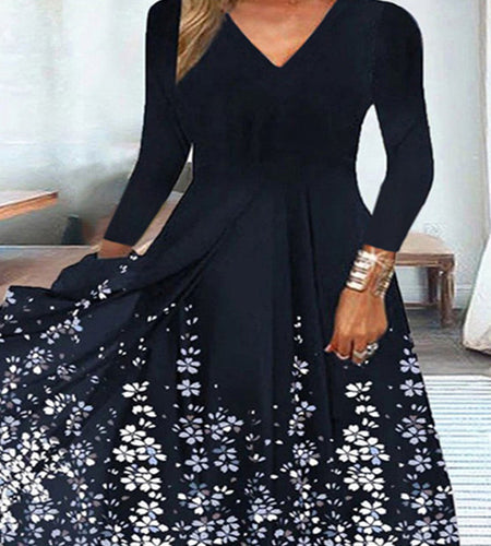 Printed Knitted V-neck Long Sleeve Big Hem Dress
