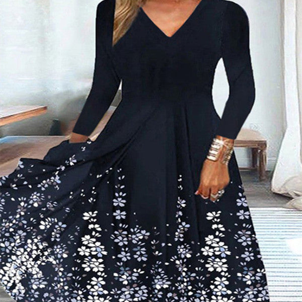 Printed Knitted V-neck Long Sleeve Big Hem Dress