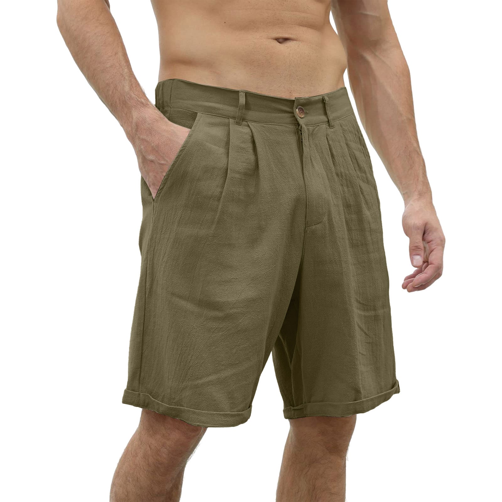 Men's Cotton And Linen Casual Beach Button Stretch Shorts