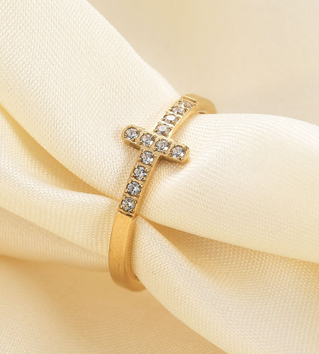 Simple Style Diamond 304 Titanium Steel Cross Ring Female Temperament Wild Vintage