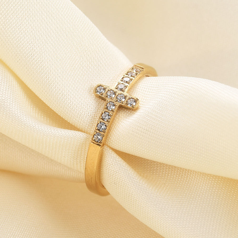 Simple Style Diamond 304 Titanium Steel Cross Ring Female Temperament Wild Vintage