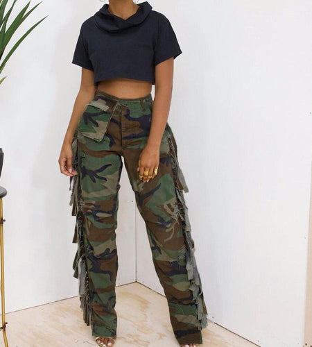 Women's Fashion Camouflage On Side Tassel Large Pocket Button Trousers