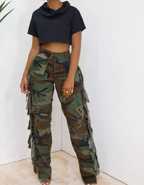 Load image into Gallery viewer, Women&#39;s Fashion Camouflage On Side Tassel Large Pocket Button Trousers
