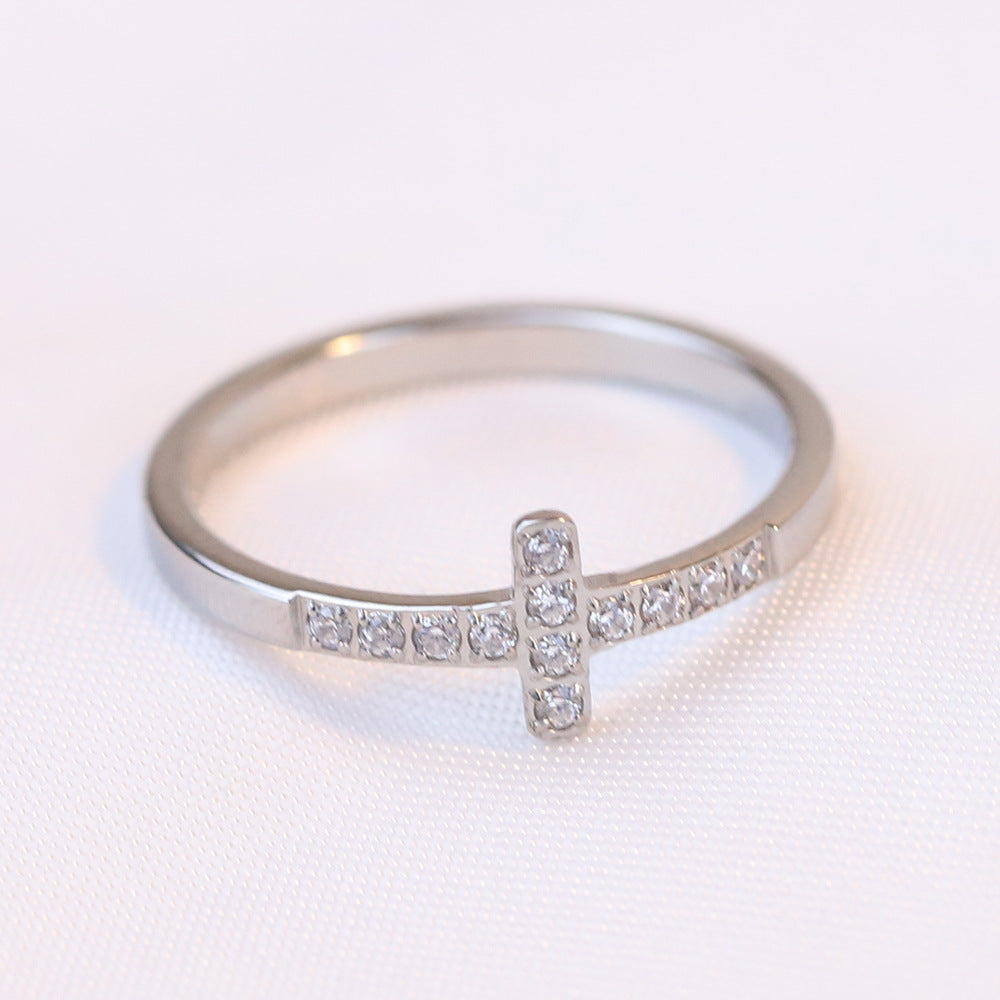 Simple Style Diamond 304 Titanium Steel Cross Ring Female Temperament Wild Vintage