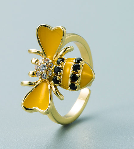 Copper Plated Real Gold Inlaid Zircon Bee Ring