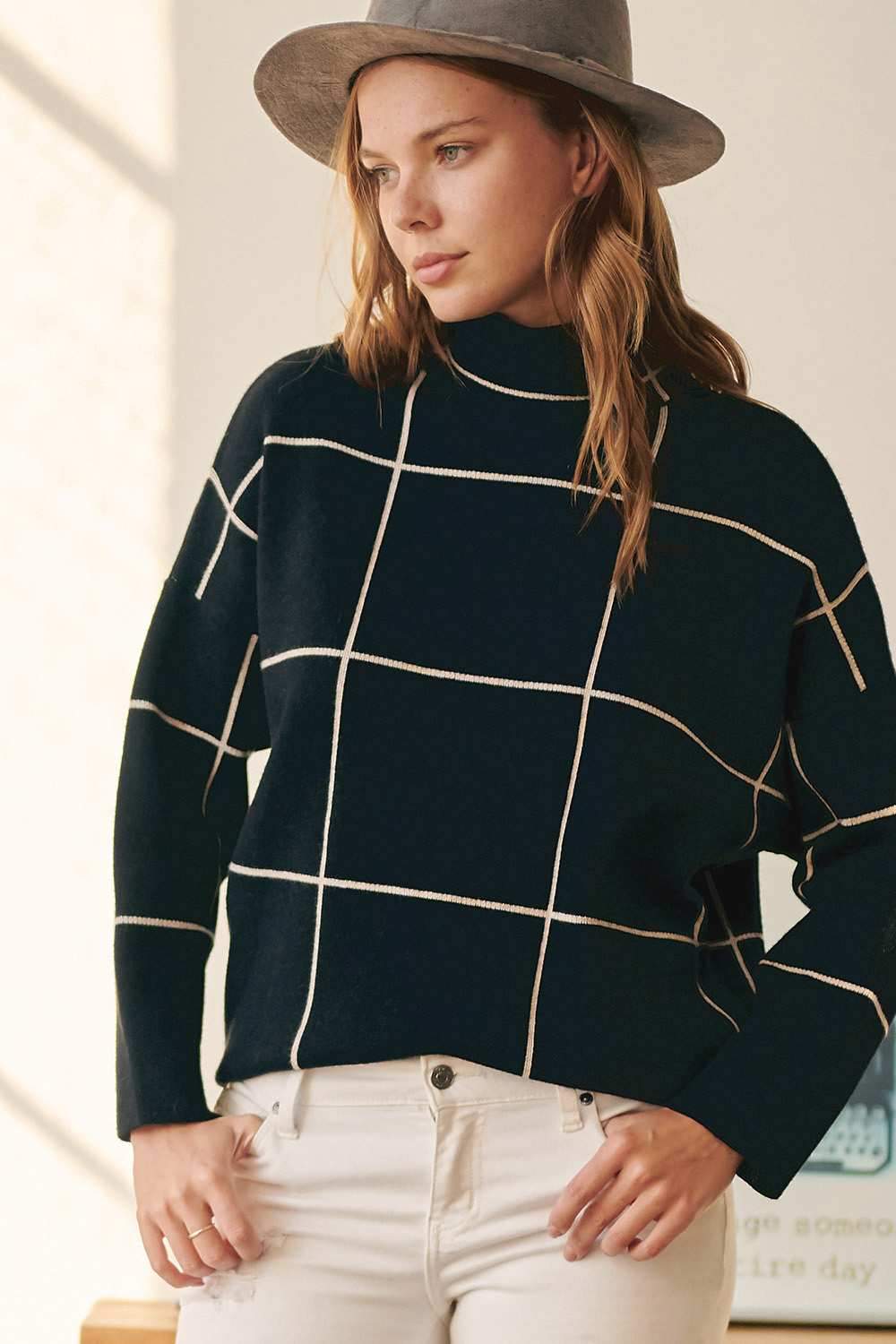 Jenny- Plaid Accent Round Neckline Sweater